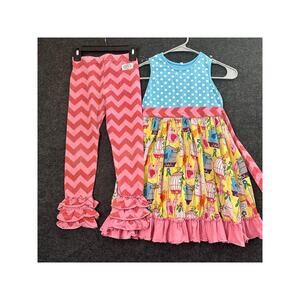 Girls Pink Chevron Ruffle Leggings & Blue Polka Dot Birdprint Dress Set